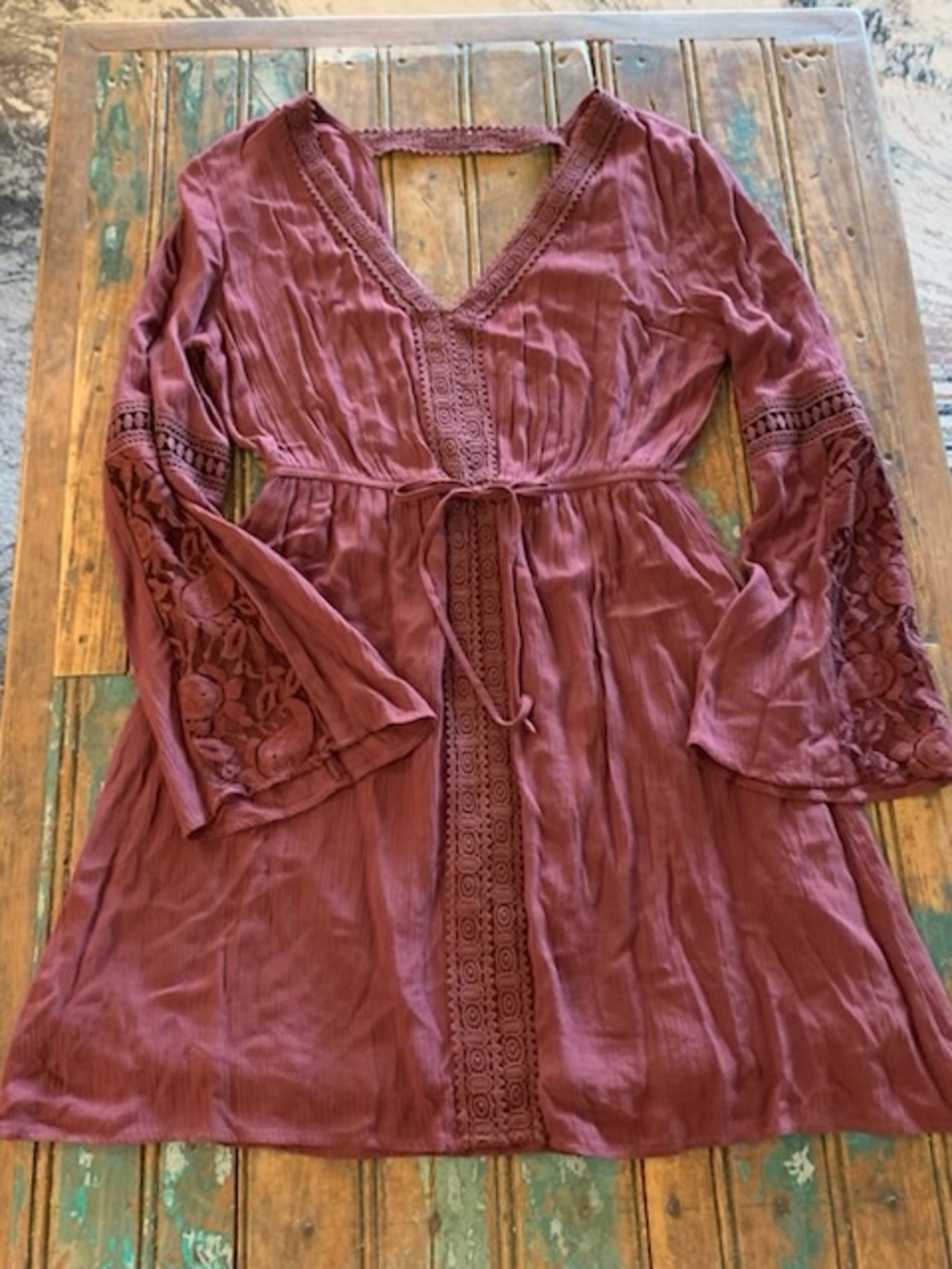 Free People Mauve Long Sleeve Lace-Trim Tunic Dress